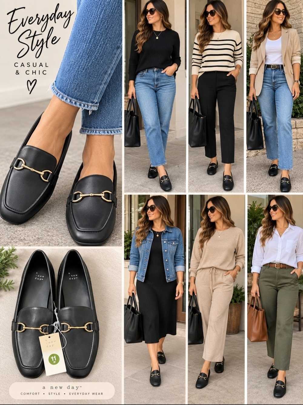 **a new day Black Leather Loafers with Gold Horsebit